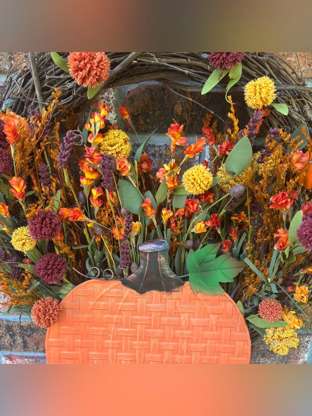 🎃 Pumpkin Flower Grapevine Wreath